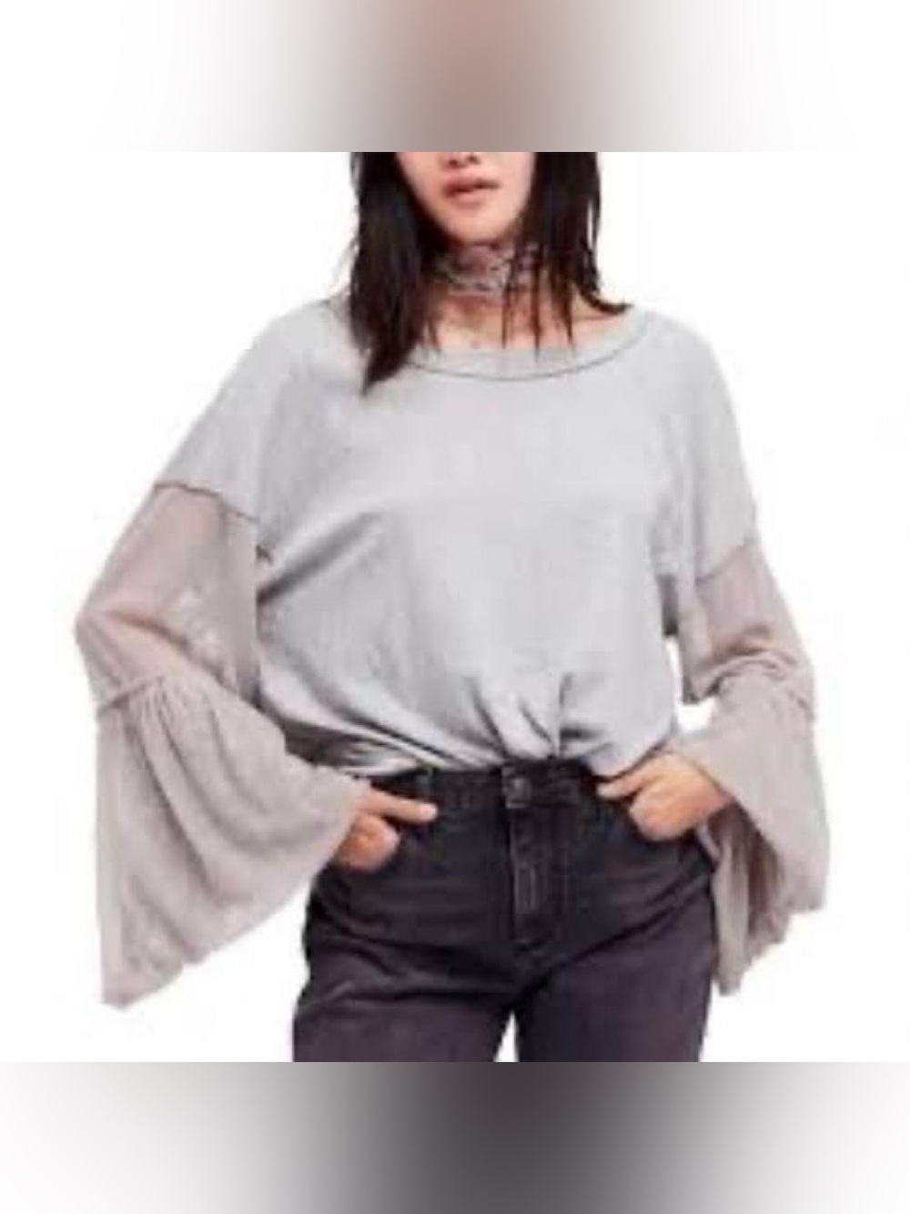 Free People “Still Got It” Gray Mesh Bell Sleeve Top
Size: Women’s Small
